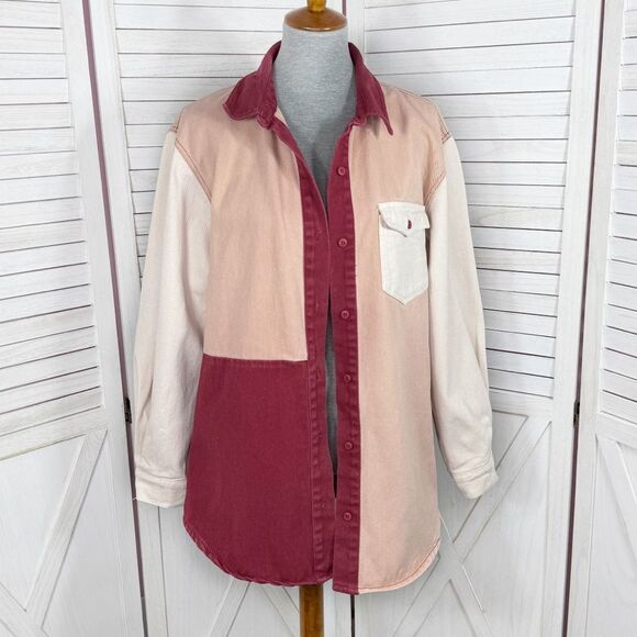 Missguided Color Block Oversized Denim Button Up Shirt Maroon Peach 8 - Picture 1 of 12